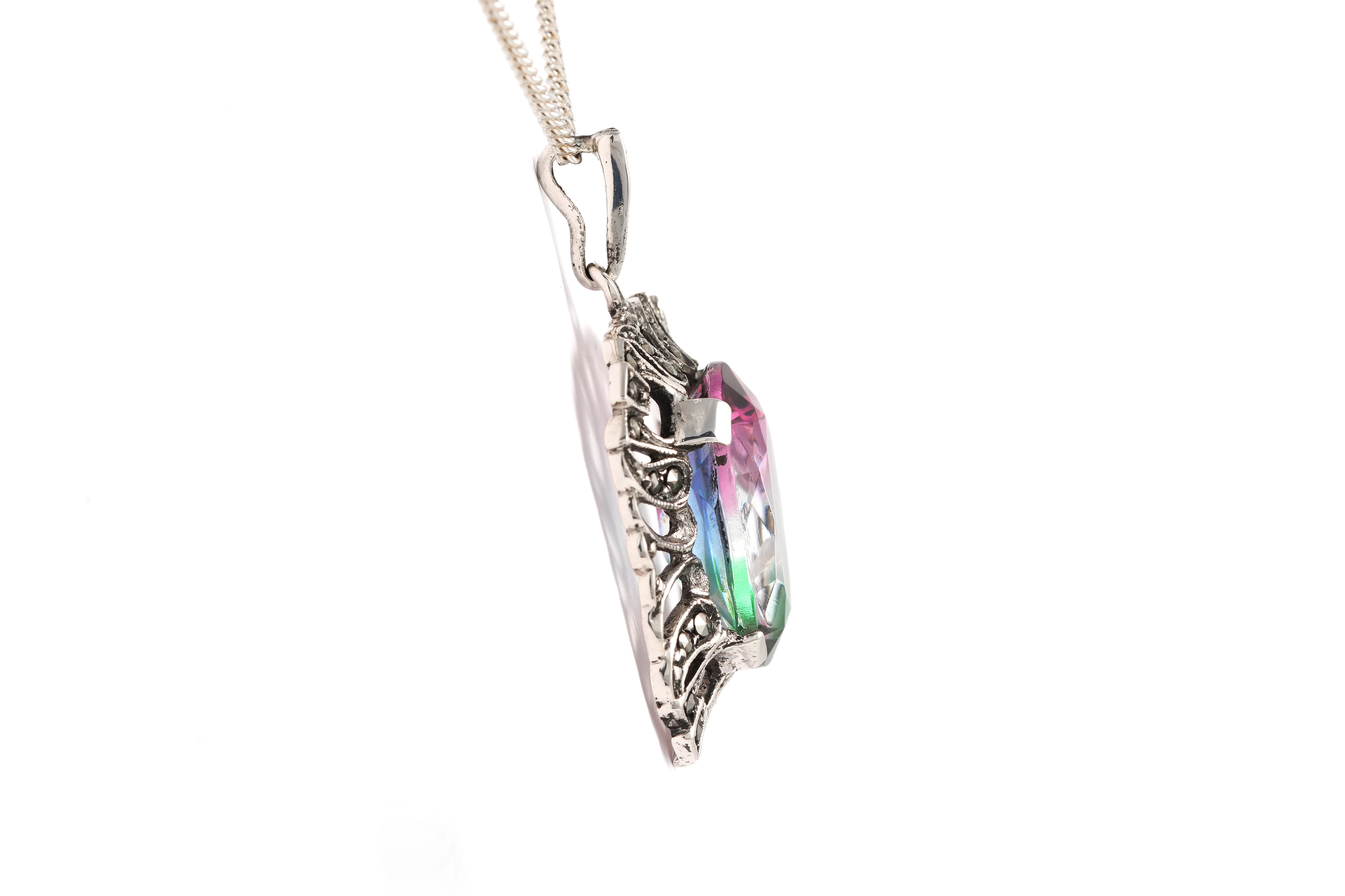 Pendentif Art Déco en argent 835 serti d'une pierre de Rhin et de marcassites - - 5