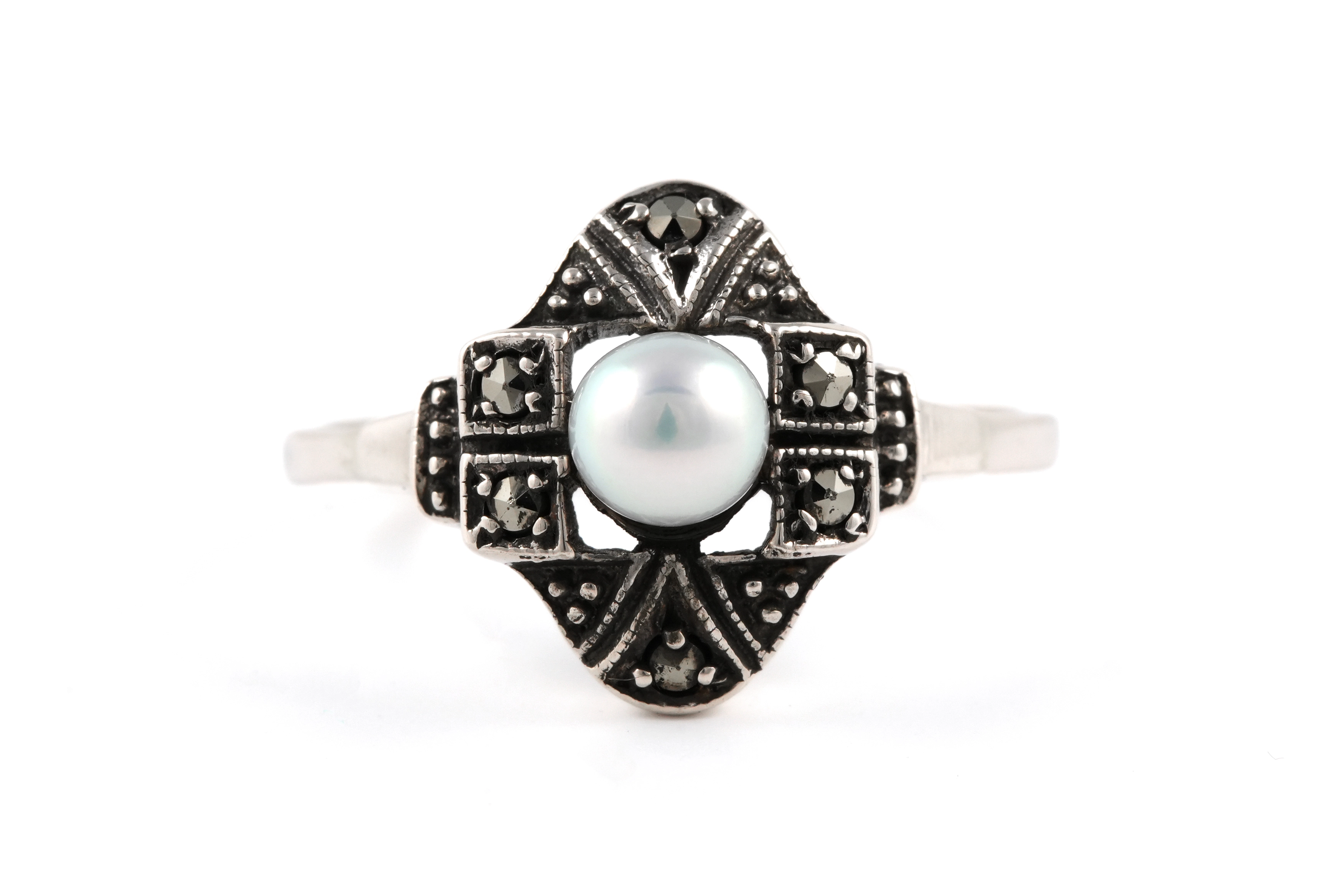 Bague Art Déco en argent 835 sertie d'une perle et de marcassites - - 1
