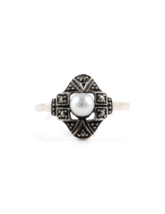Bague Art Déco en argent 835 sertie d'une perle et de marcassites - - 1