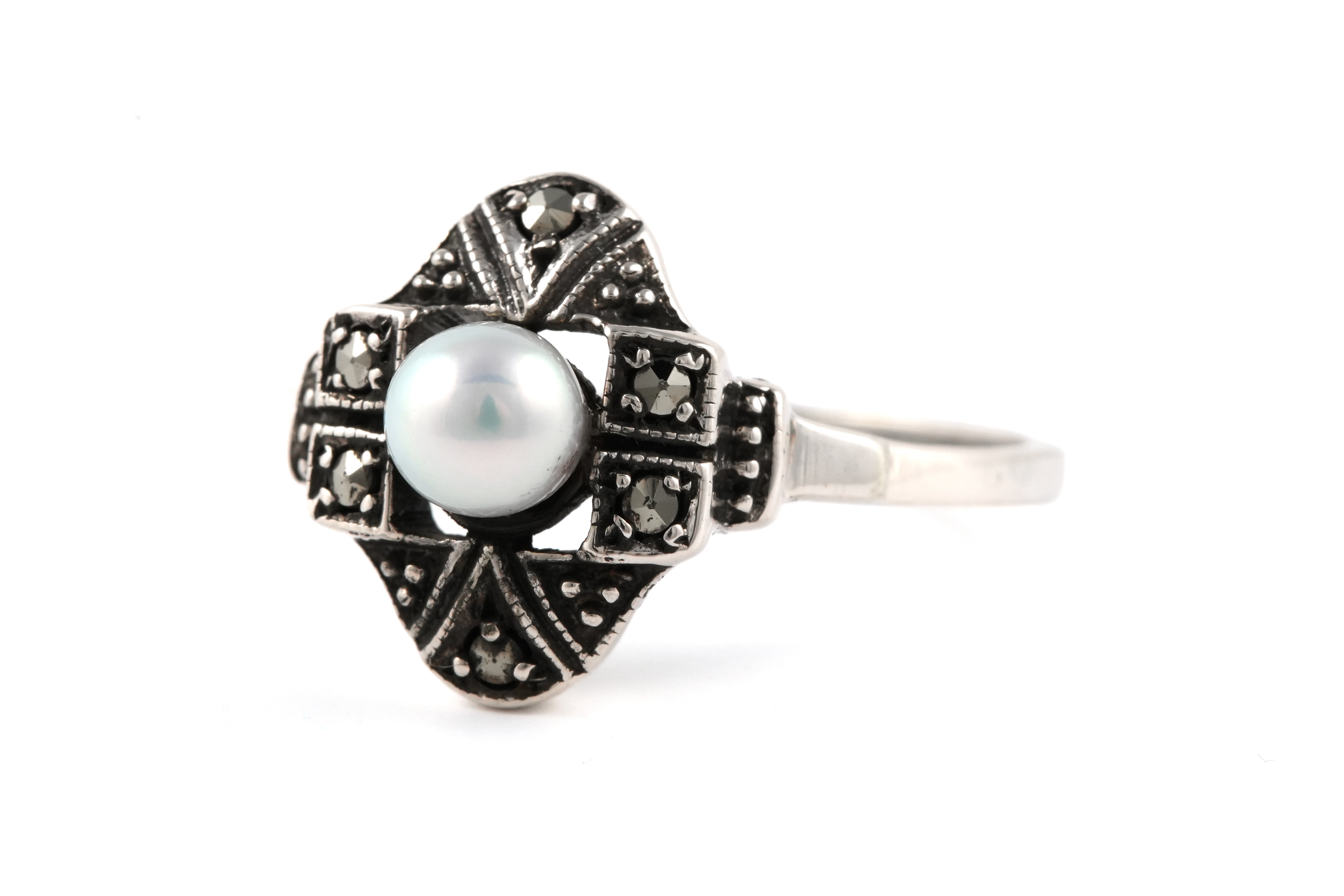 Bague Art Déco en argent 835 sertie d'une perle et de marcassites - - 2