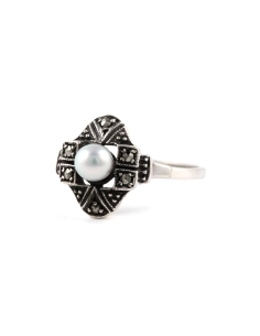 Bague Art Déco en argent 835 sertie d'une perle et de marcassites - - 2