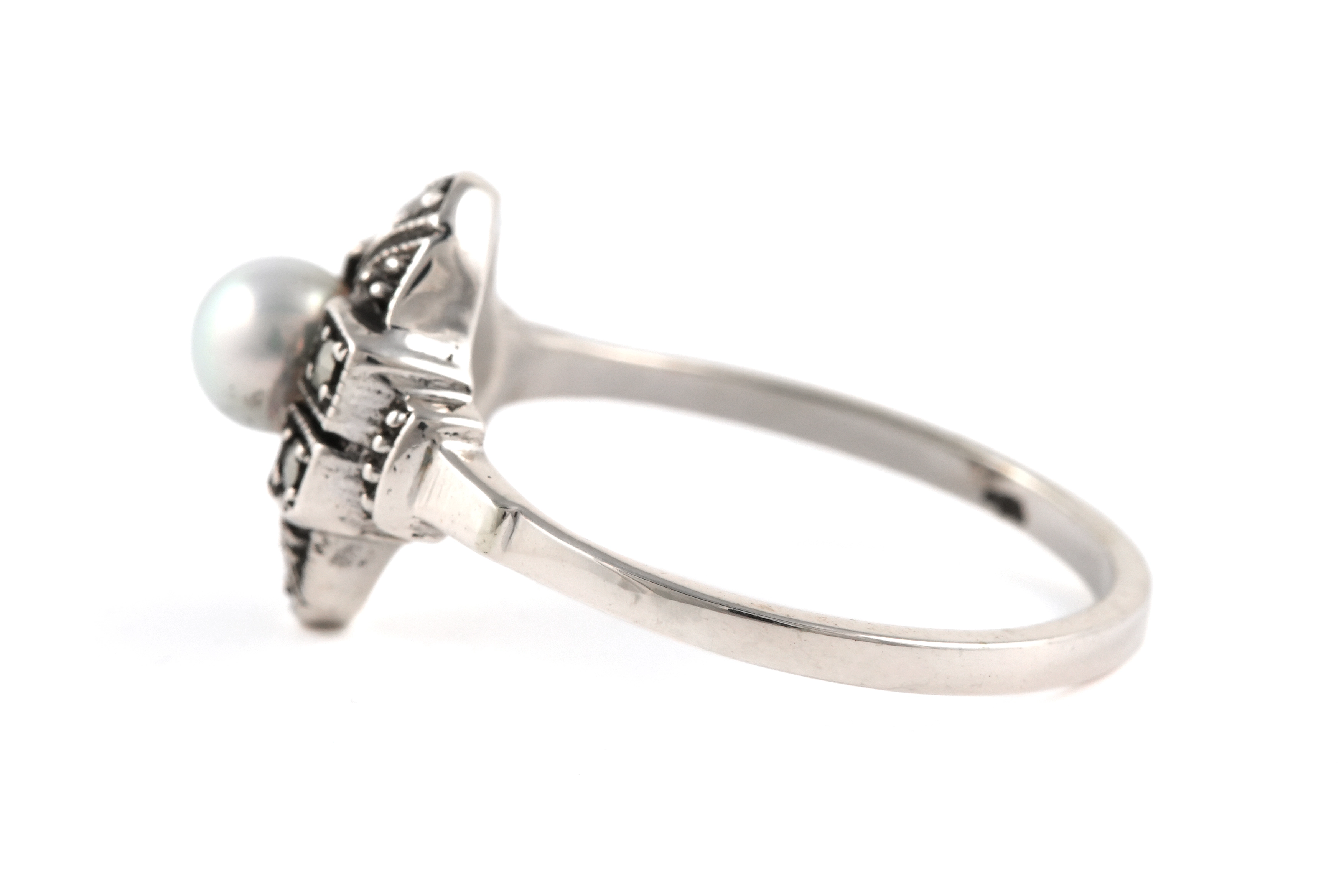 Bague Art Déco en argent 835 sertie d'une perle et de marcassites - - 3