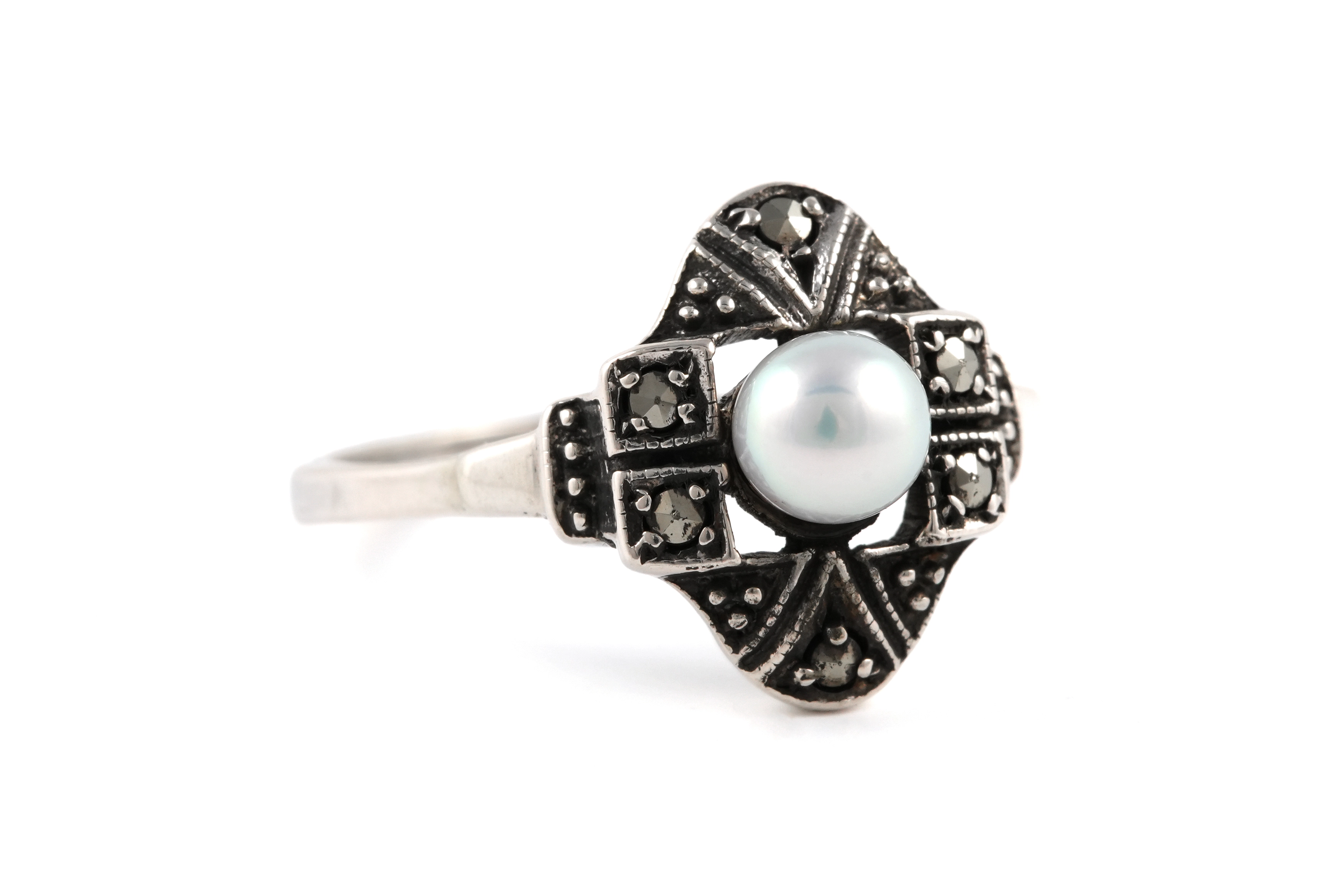 Bague Art Déco en argent 835 sertie d'une perle et de marcassites - - 6
