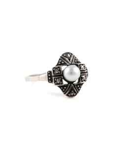 Bague Art Déco en argent 835 sertie d'une perle et de marcassites - - 6