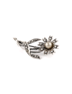 Broche Art Déco en argent 800 sertie de marcassites et d'une perle - - 2