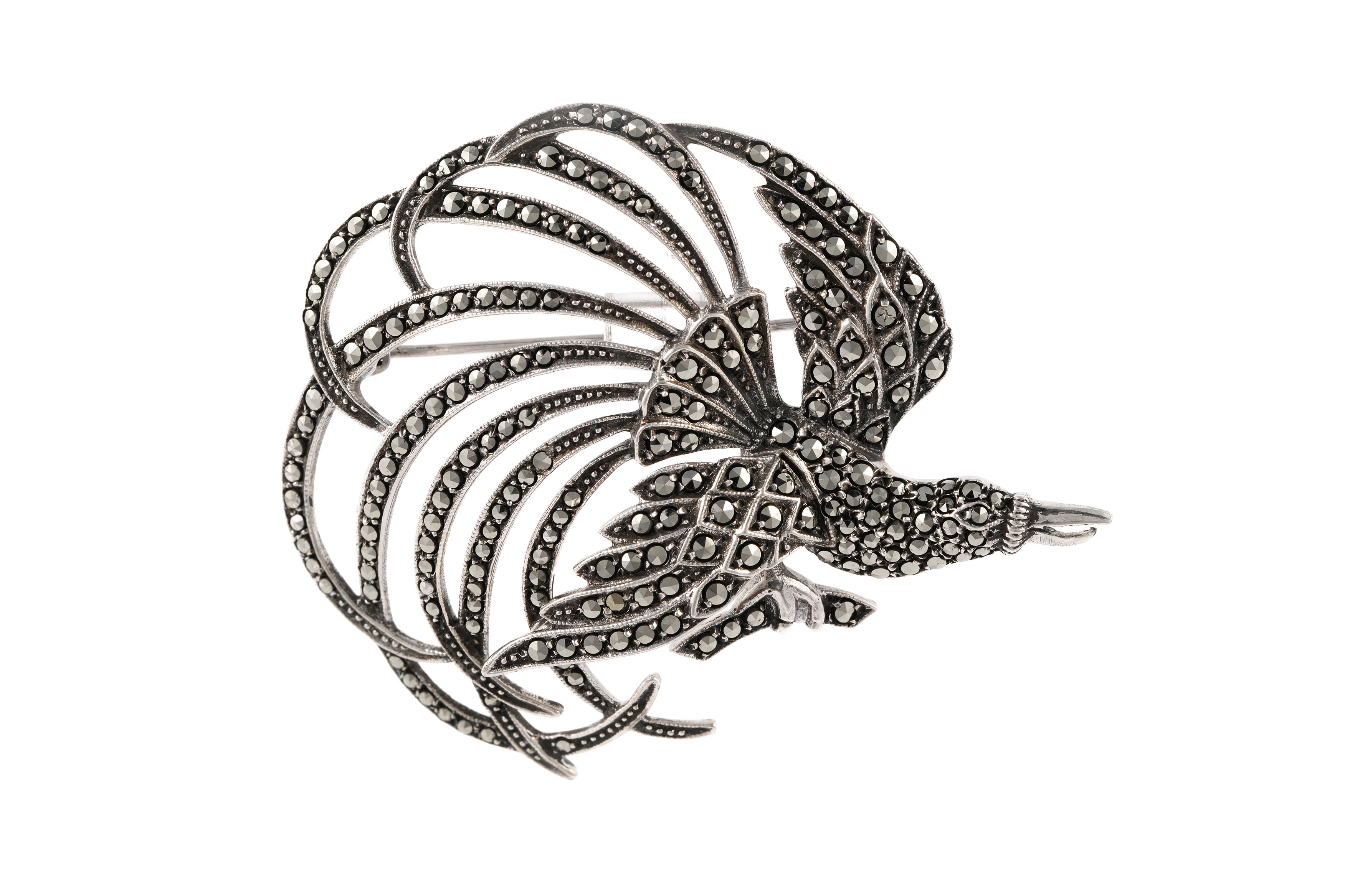 Broche Années 50 en argent 835 sertie de marcassites - - 1