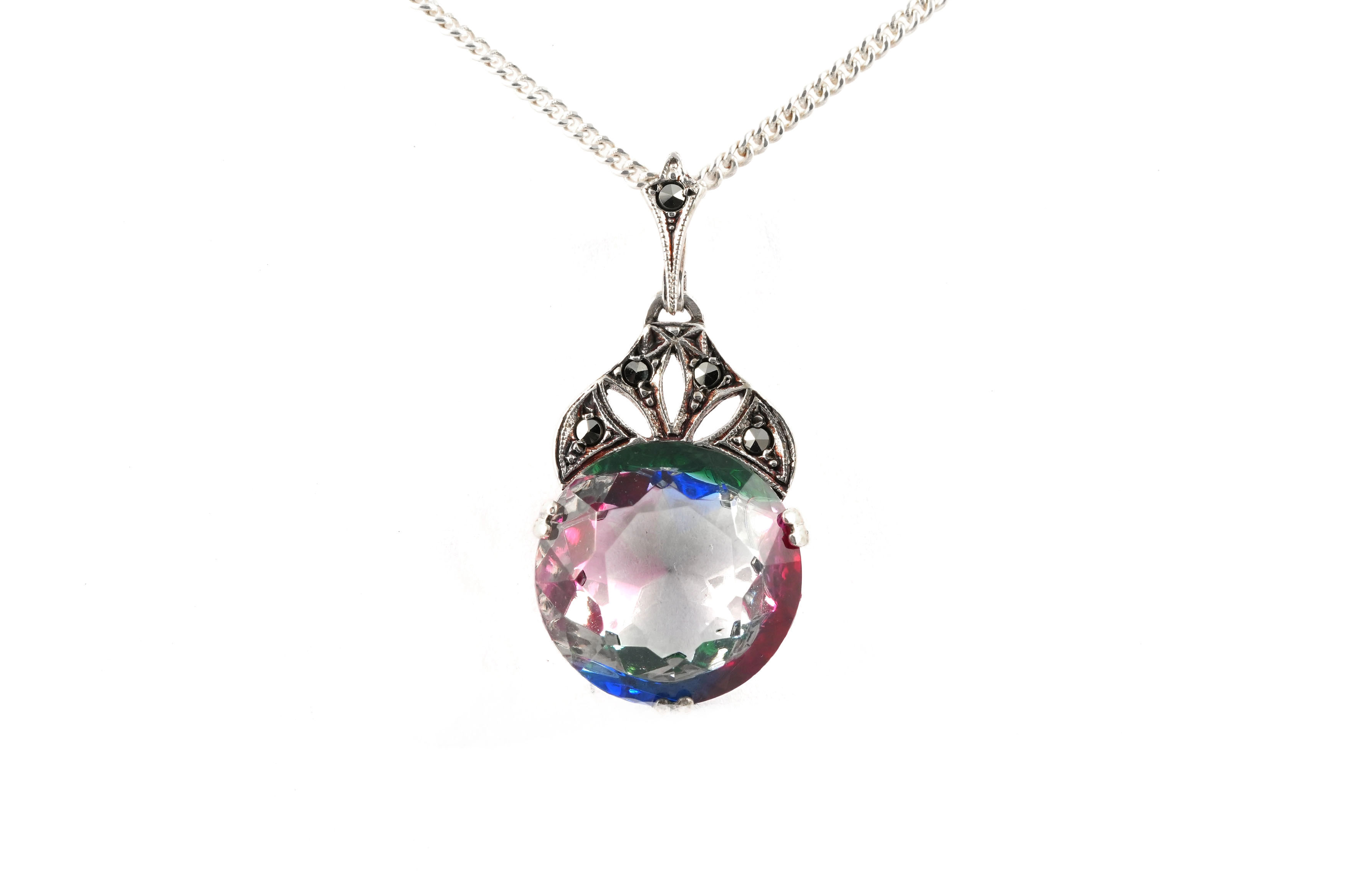 Pendentif Art Déco en argent 935 serti d'une pierre du Rhin et de marcassites - - 1