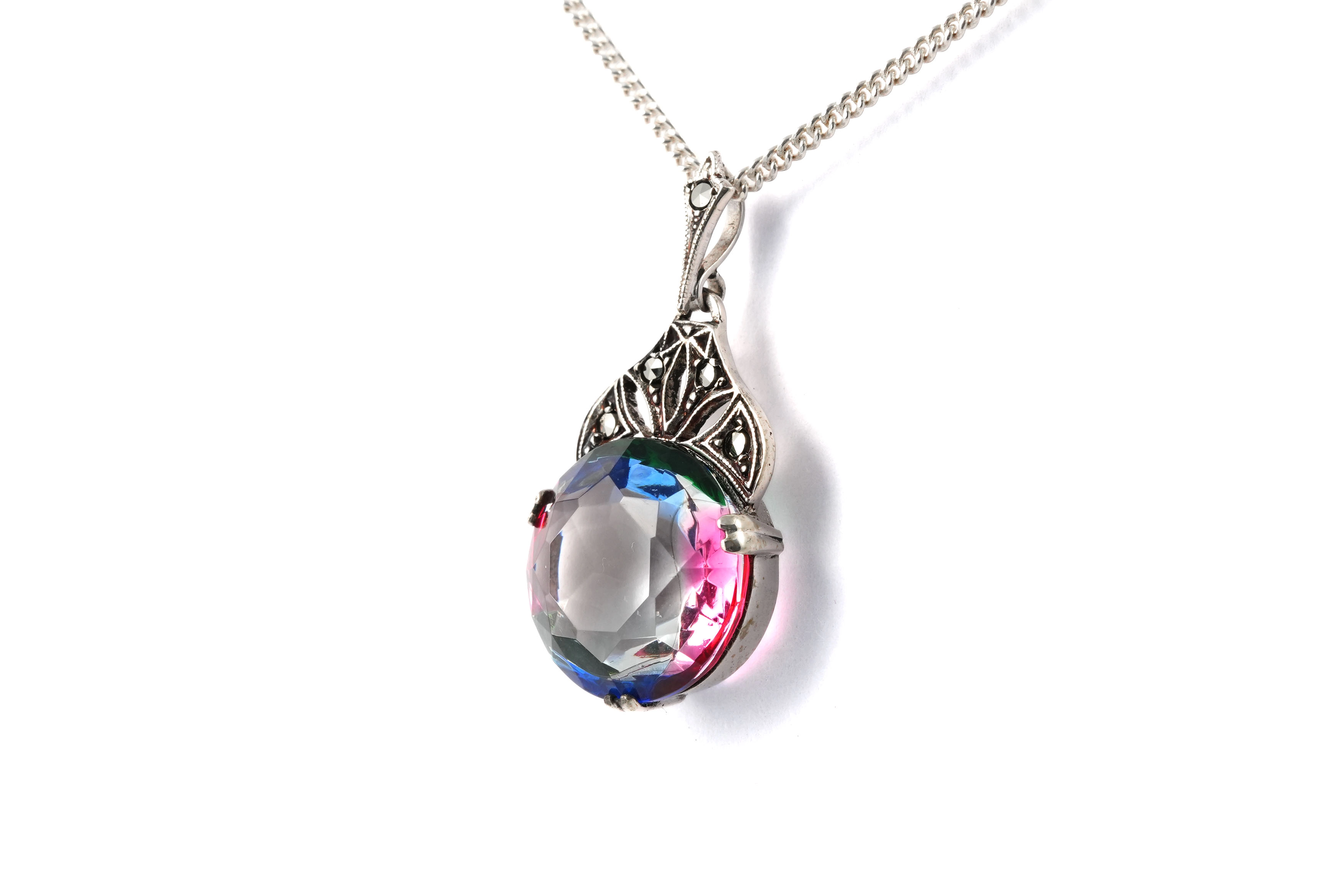 Pendentif Art Déco en argent 935 serti d'une pierre du Rhin et de marcassites - - 2