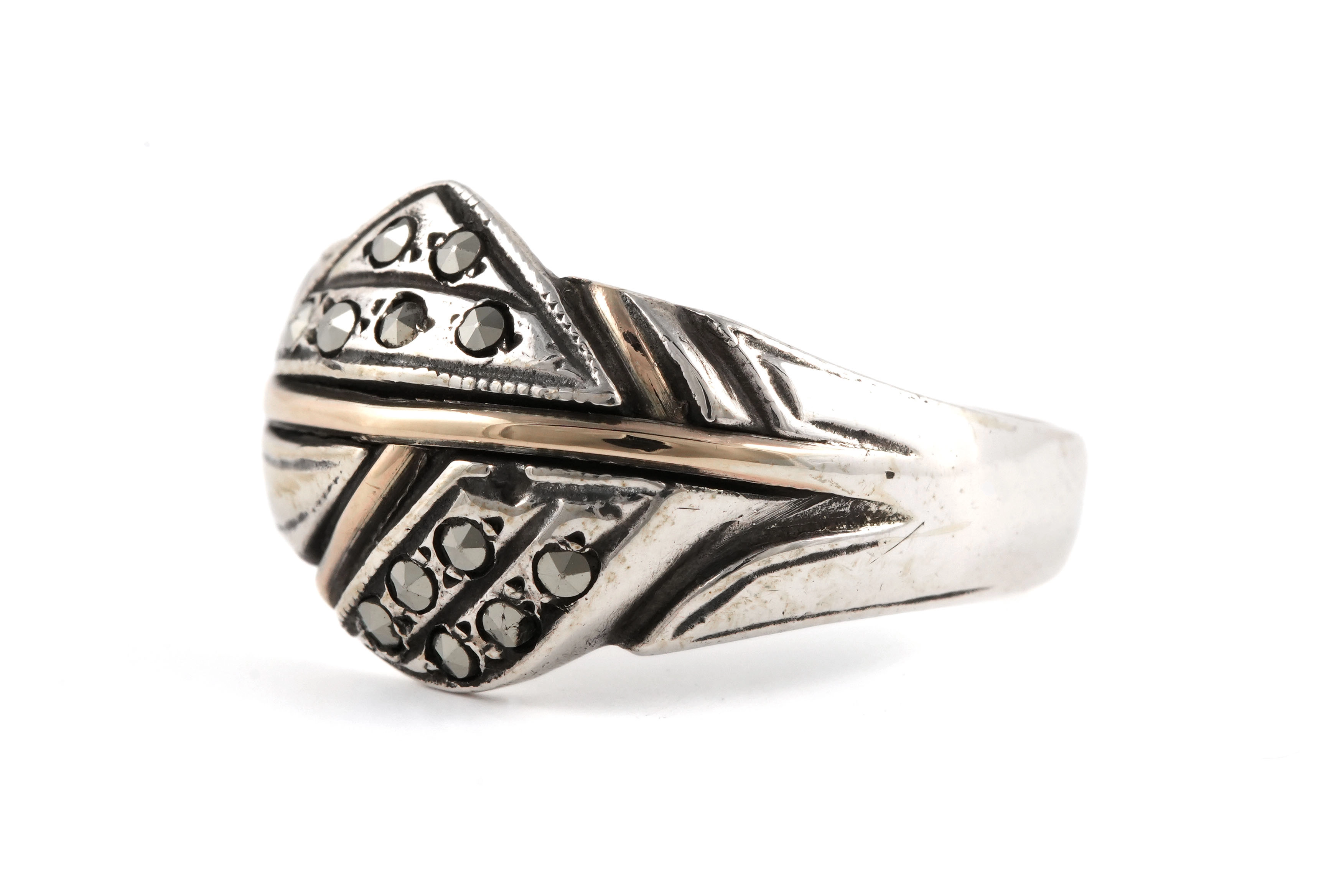 Bague Art Déco en argent 800 sertie de marcassites - - 2