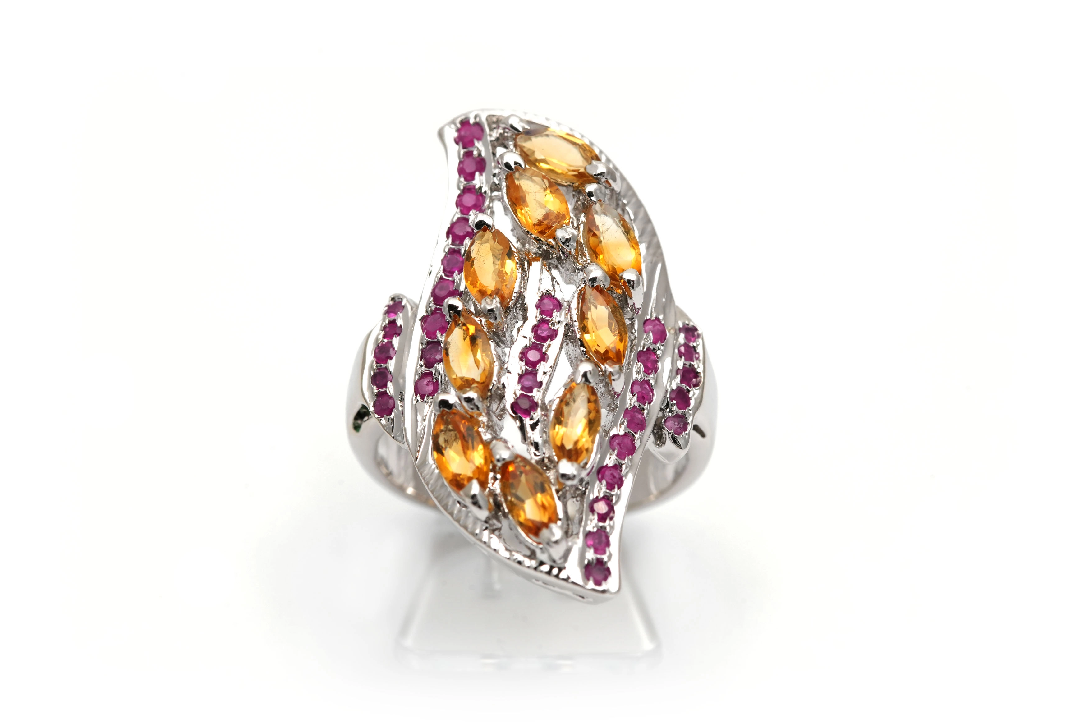 Bague contemporaine en argent 925 sertie de citrine et de rubis - - 1