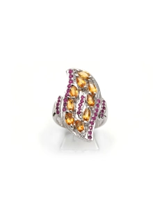 Bague contemporaine en argent 925 sertie de citrine et de rubis - - 1