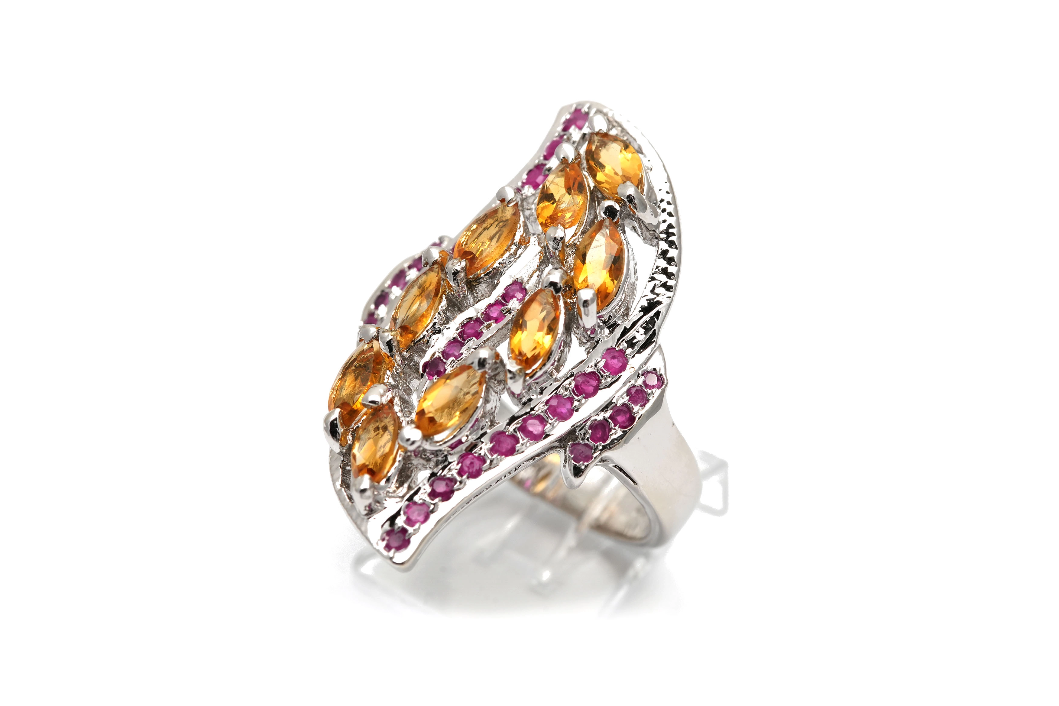 Bague contemporaine en argent 925 sertie de citrine et de rubis - - 2