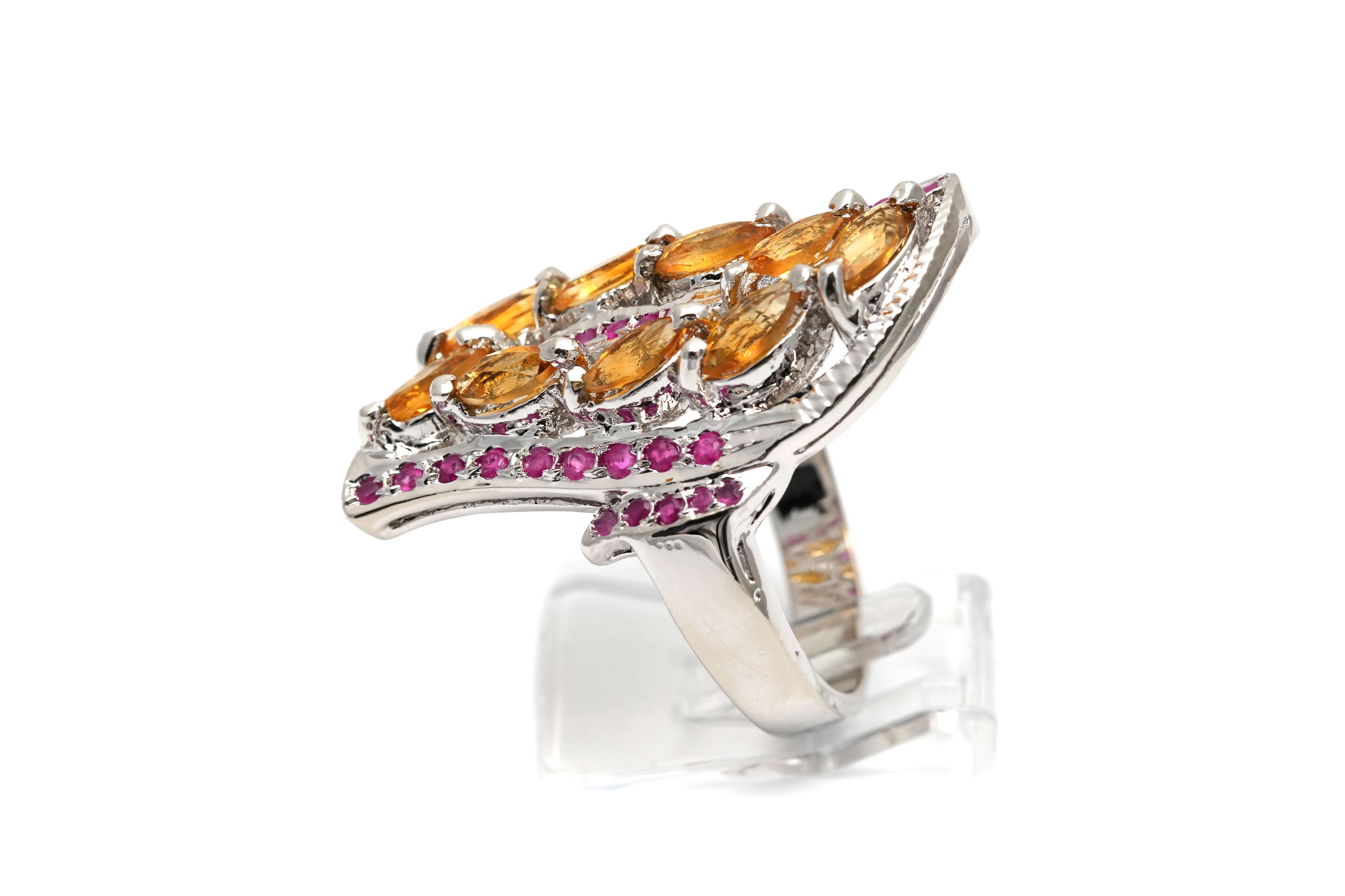 Bague contemporaine en argent 925 sertie de citrine et de rubis - - 3
