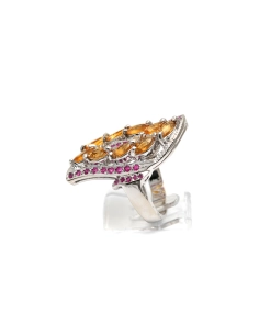 Bague contemporaine en argent 925 sertie de citrine et de rubis - - 3