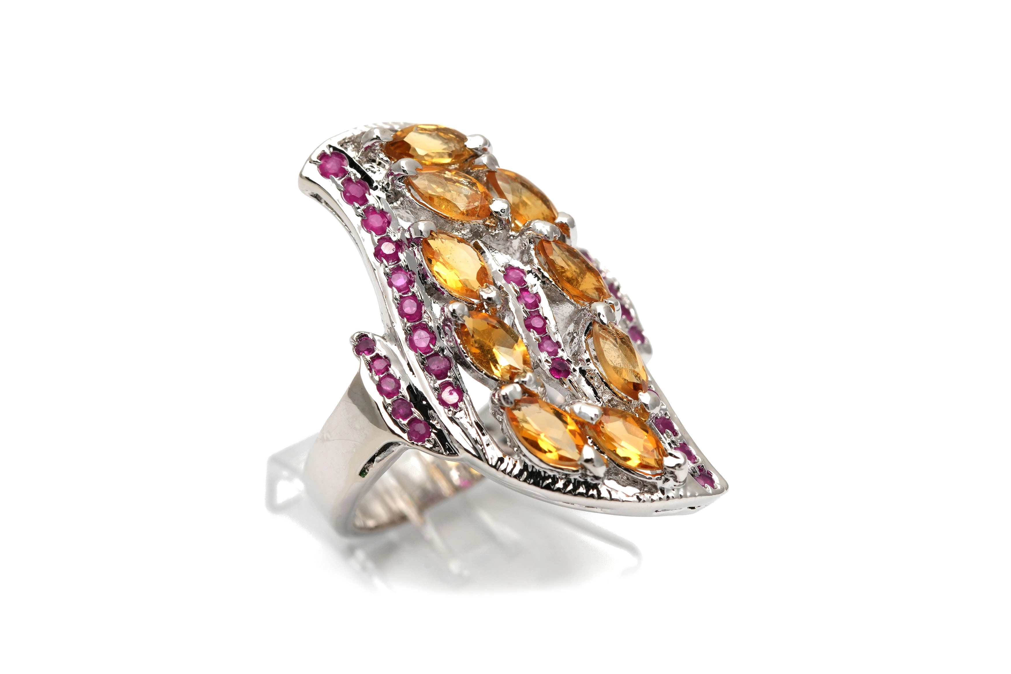 Bague contemporaine en argent 925 sertie de citrine et de rubis - - 6