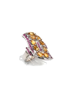 Bague contemporaine en argent 925 sertie de citrine et de rubis - - 6
