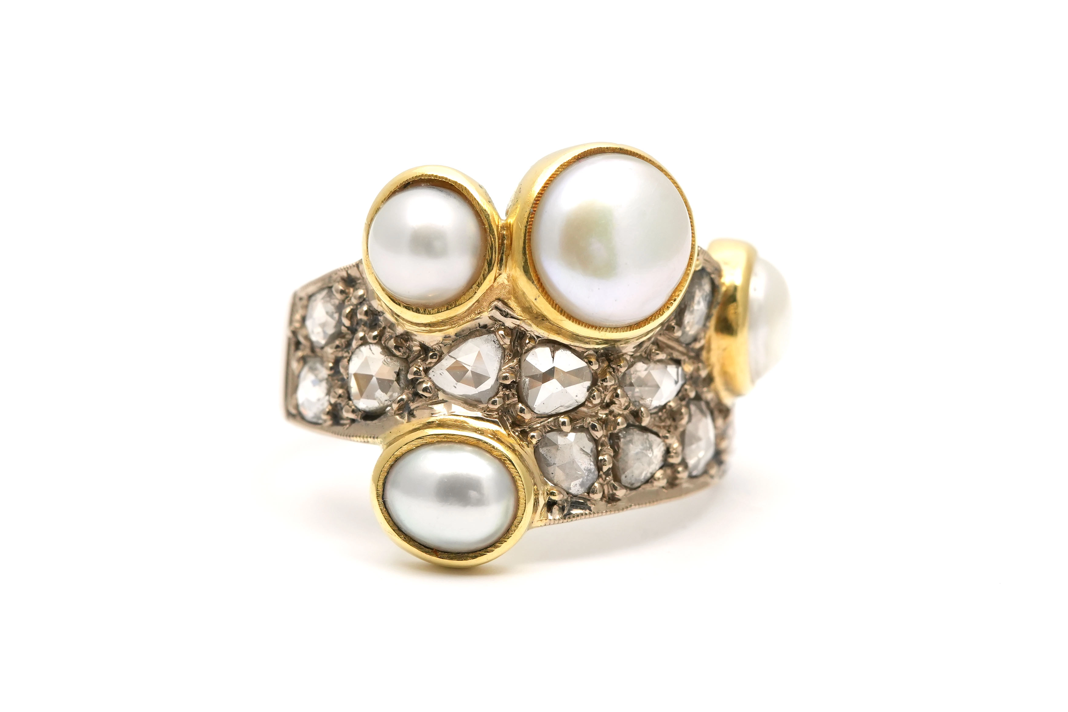Bague Années 70 en or jaune 18 carats sertie de perles et de diamants taille "rose" - - 1