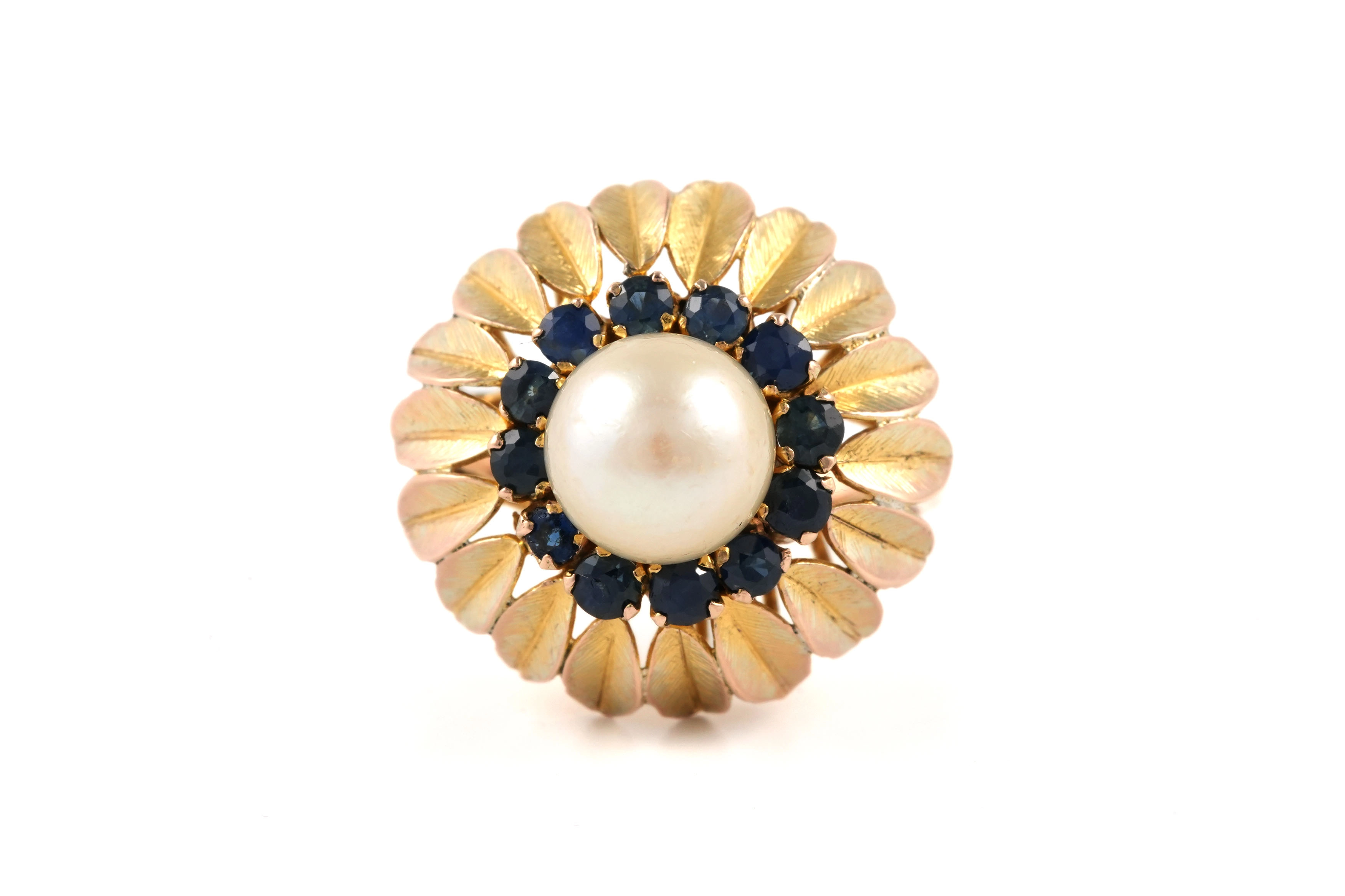 Bague Années 50 en or jaune 14 carats sertie d'un perle et de saphirs - - 1