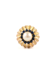 Bague Années 50 en or jaune 14 carats sertie d'un perle et de saphirs - - 1