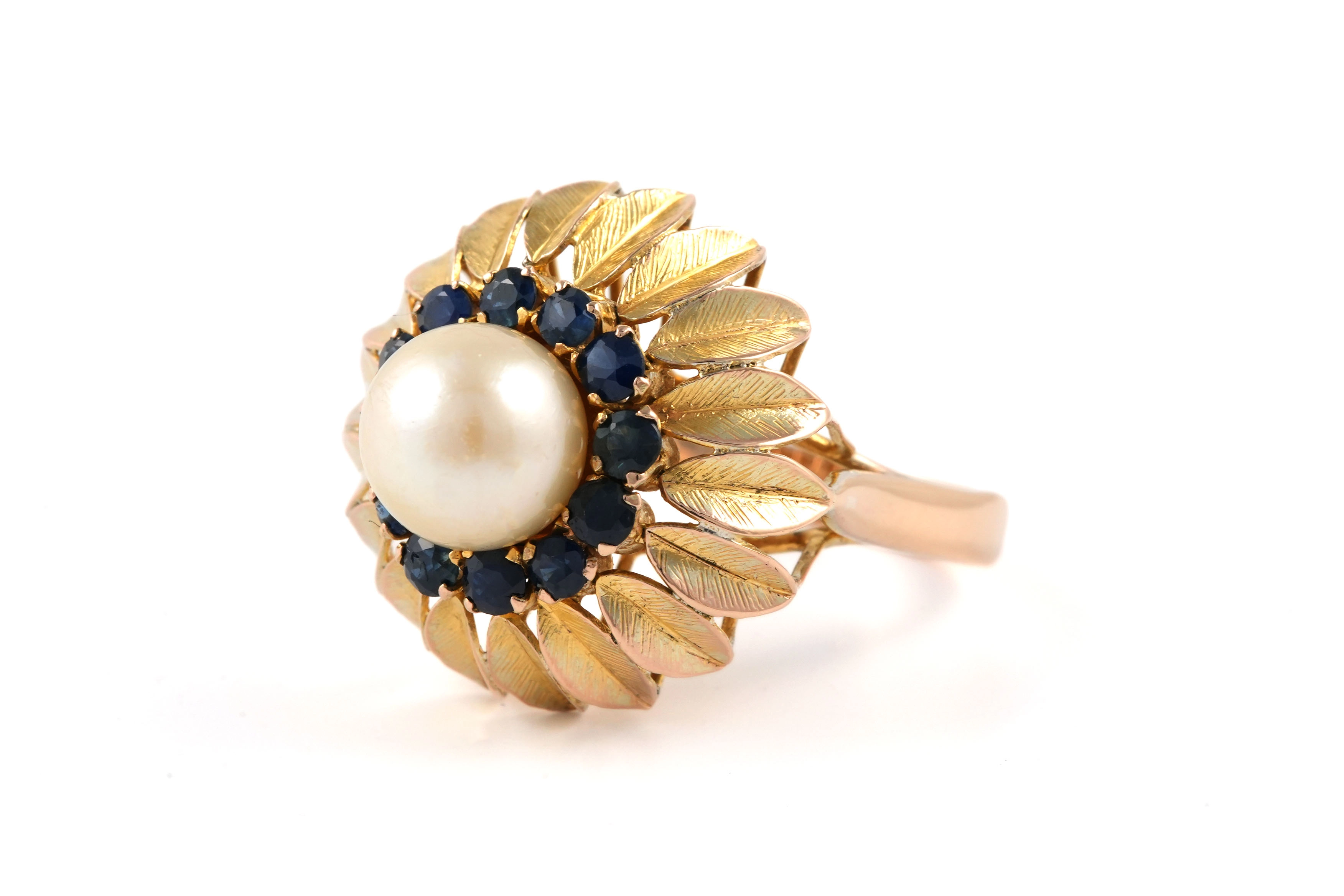 Bague Années 50 en or jaune 14 carats sertie d'un perle et de saphirs - - 2