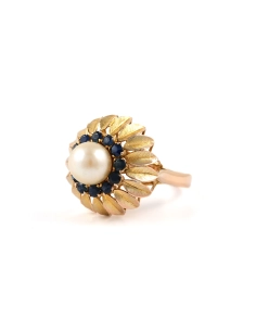 Bague Années 50 en or jaune 14 carats sertie d'un perle et de saphirs - - 2