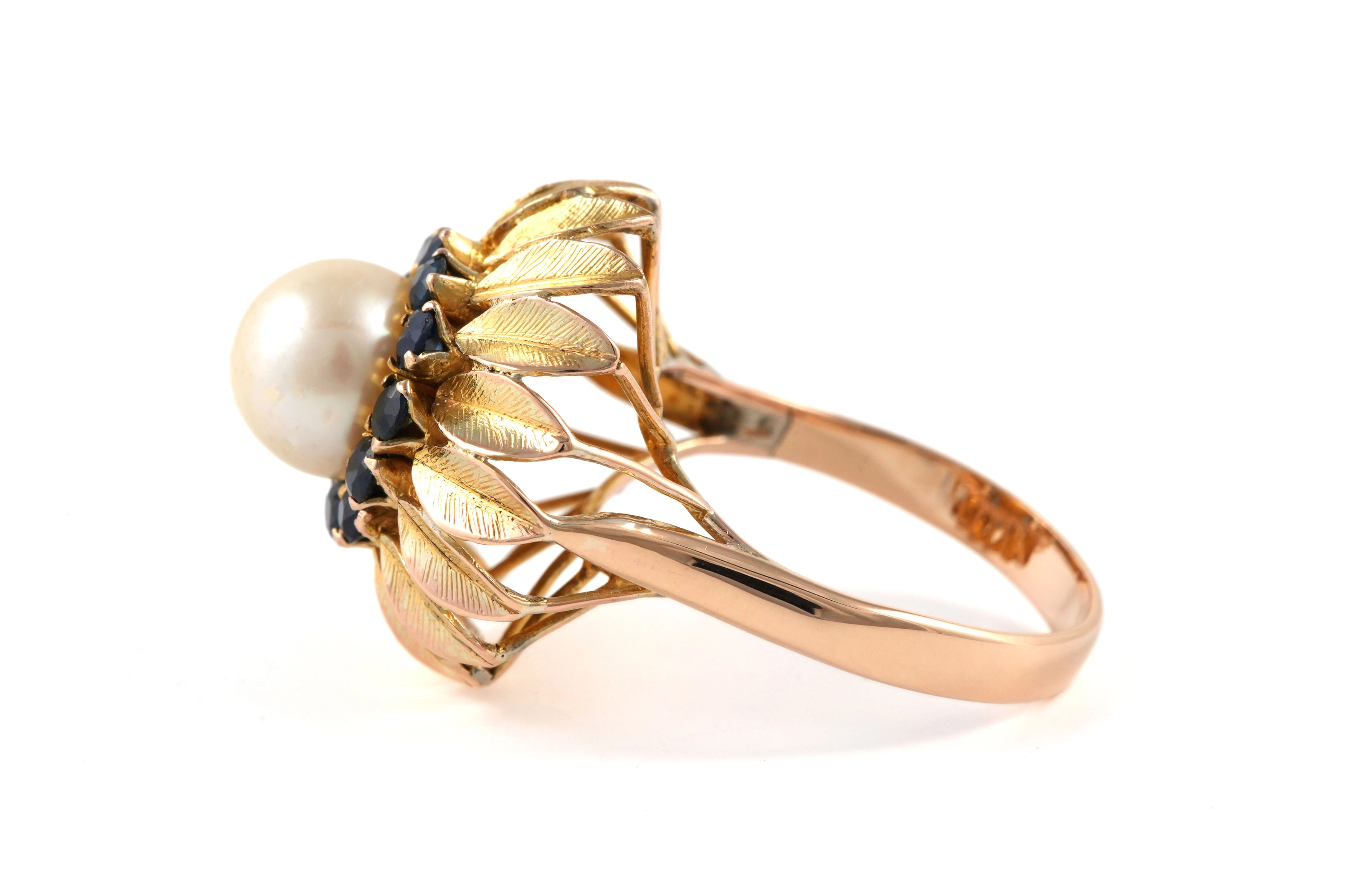 Bague Années 50 en or jaune 14 carats sertie d'un perle et de saphirs - - 3