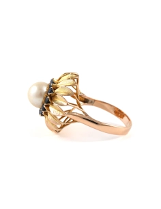 Bague Années 50 en or jaune 14 carats sertie d'un perle et de saphirs - - 3