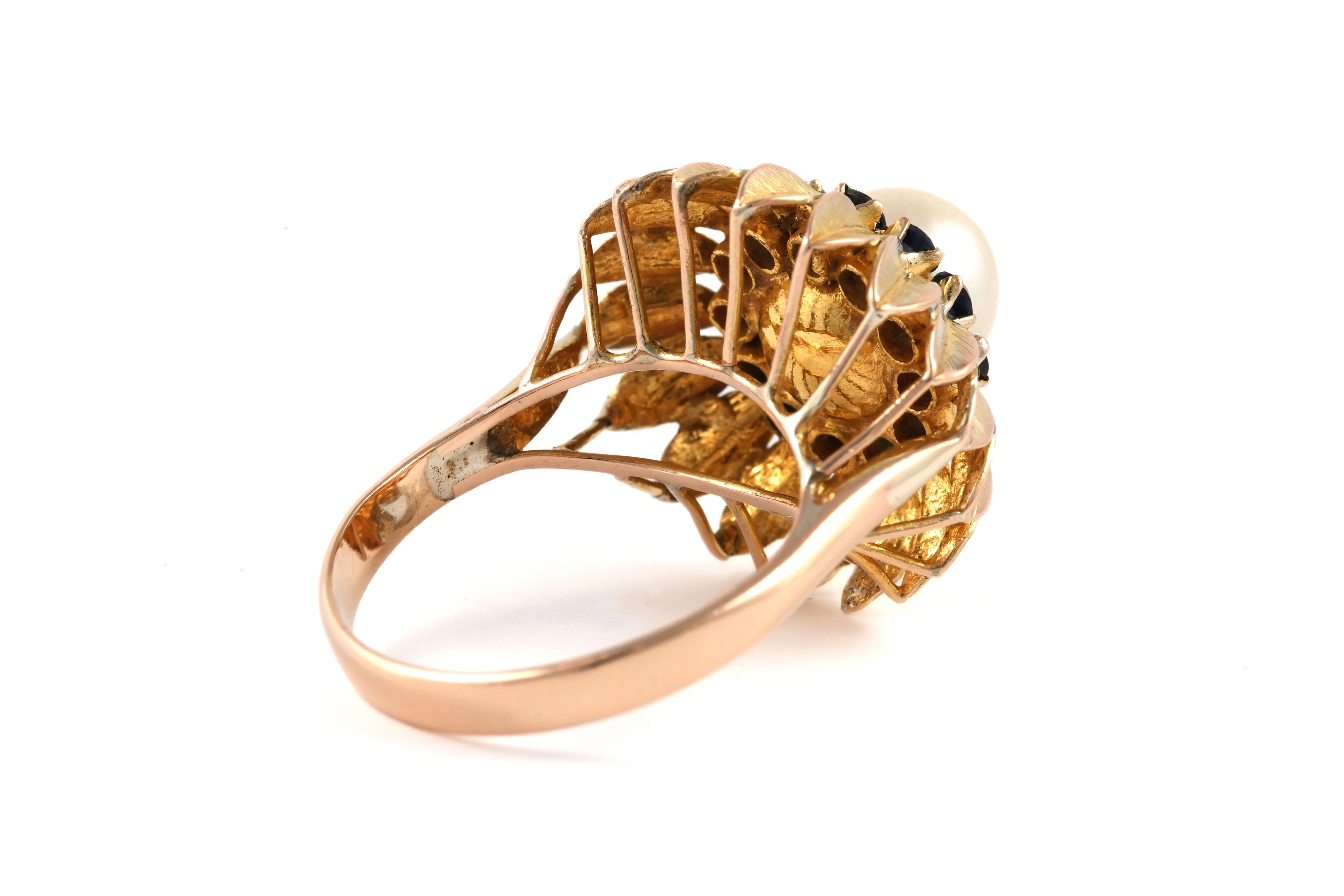 Bague Années 50 en or jaune 14 carats sertie d'un perle et de saphirs - - 5