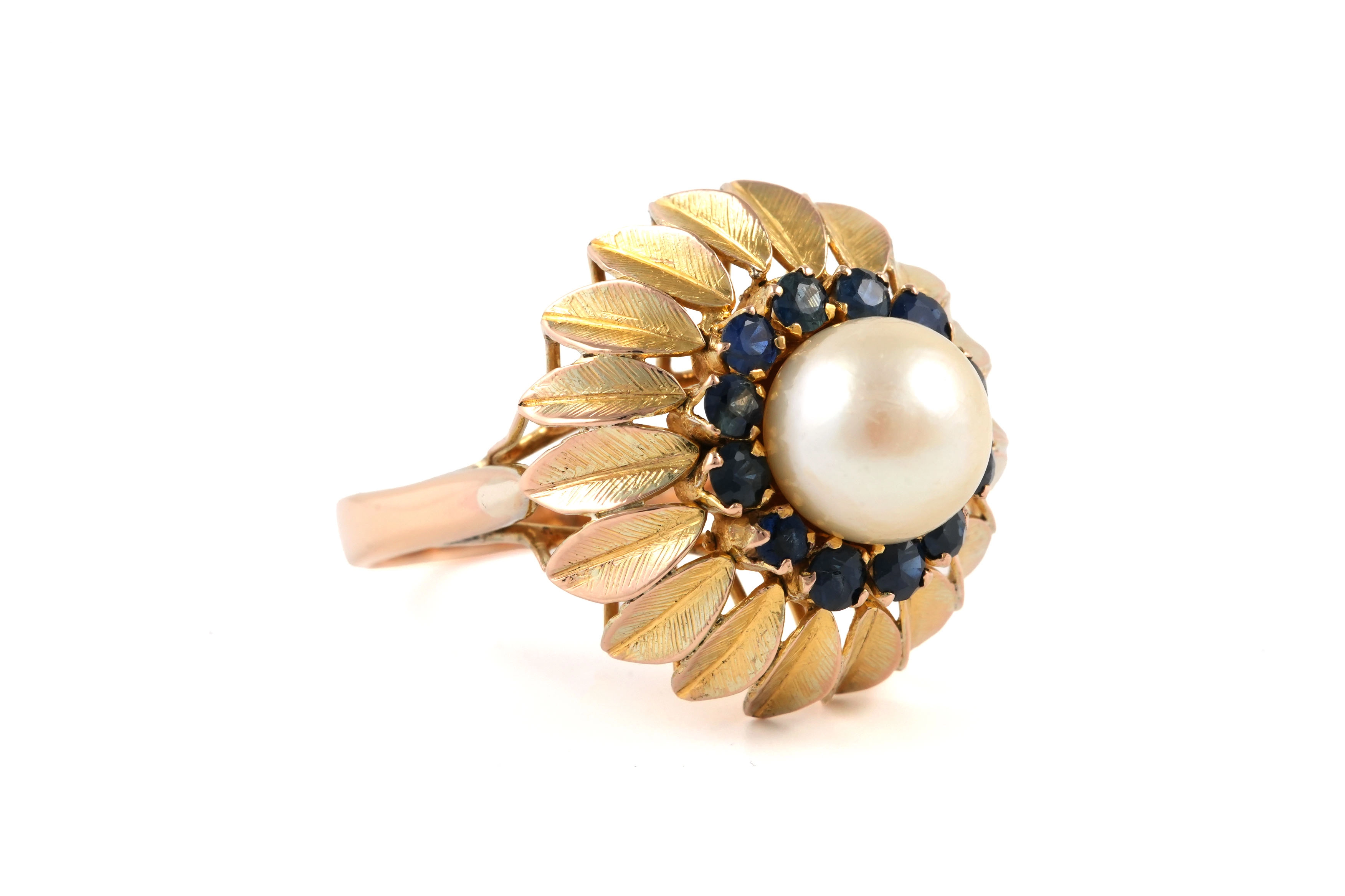 Bague Années 50 en or jaune 14 carats sertie d'un perle et de saphirs - - 6