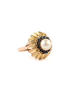 Bague Années 50 en or jaune 14 carats sertie d'un perle et de saphirs - - 6