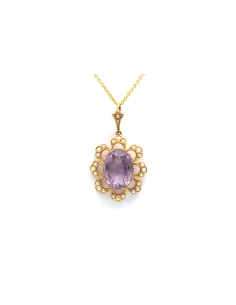 Pendentif Art Nouveau en or jaune 14 carats serti d'une améthyste et de perles - - 1