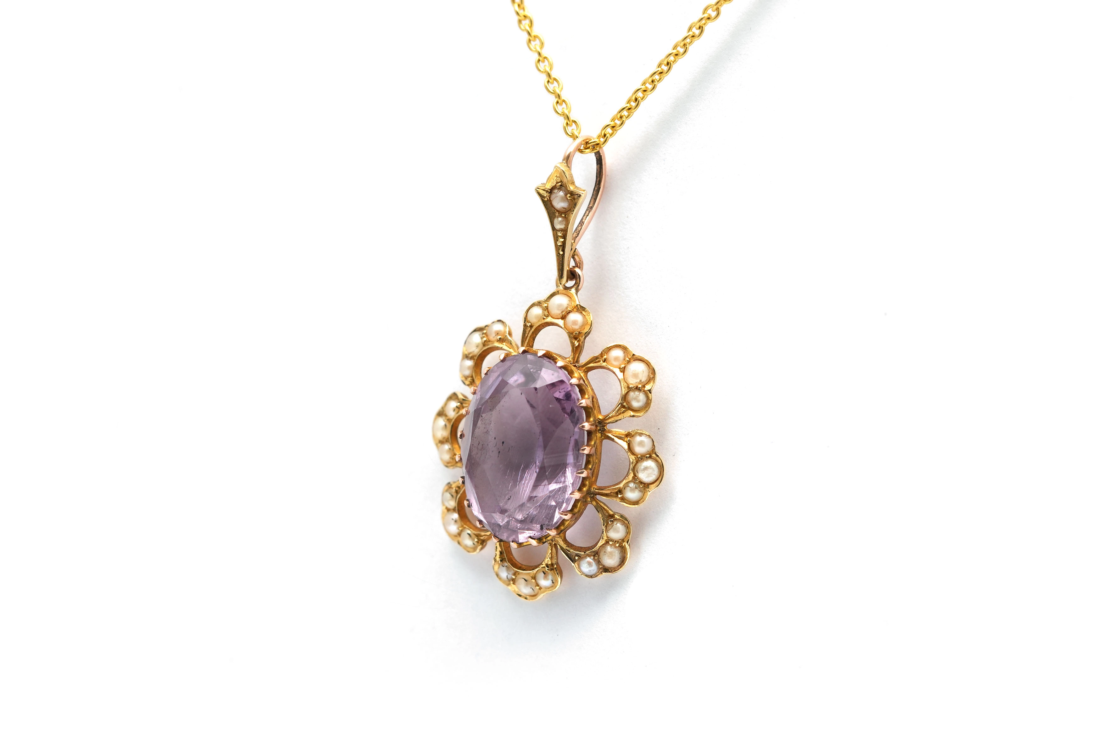 Pendentif Art Nouveau en or jaune 14 carats serti d'une améthyste et de perles - - 2