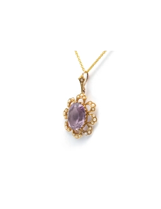 Pendentif Art Nouveau en or jaune 14 carats serti d'une améthyste et de perles - - 2
