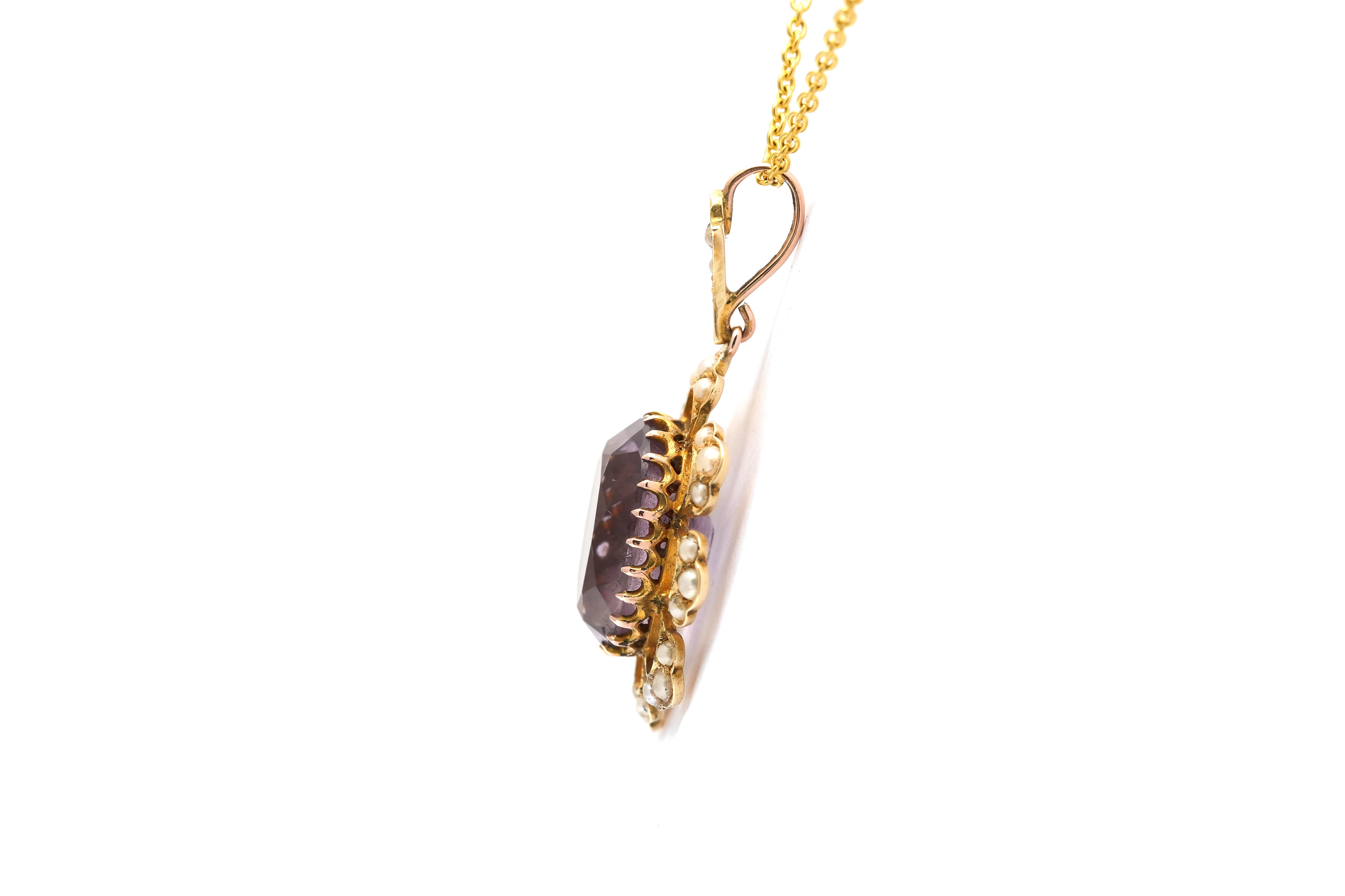 Pendentif Art Nouveau en or jaune 14 carats serti d'une améthyste et de perles - - 3