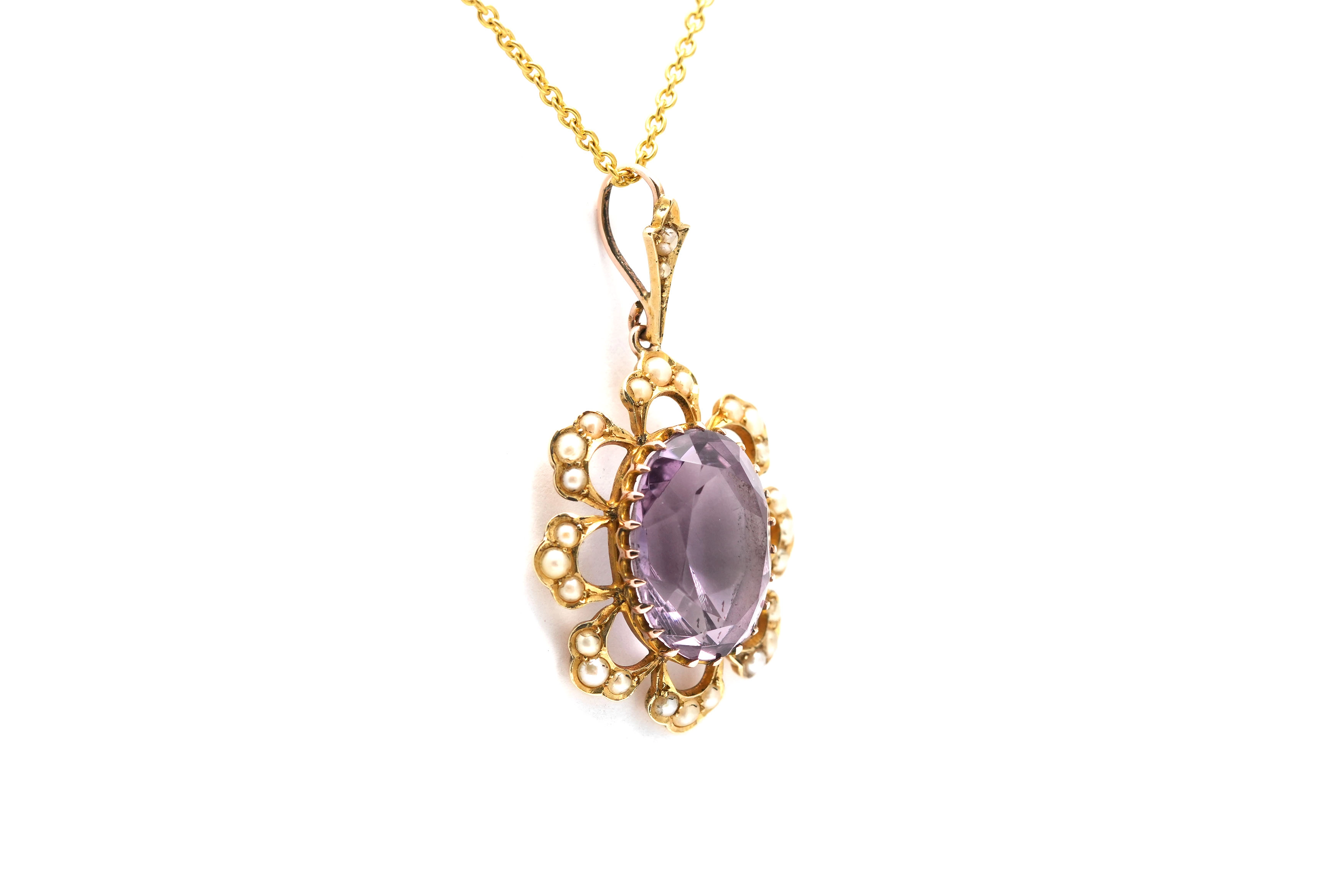 Pendentif Art Nouveau en or jaune 14 carats serti d'une améthyste et de perles - - 4