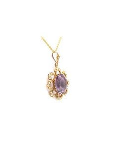 Pendentif Art Nouveau en or jaune 14 carats serti d'une améthyste et de perles - - 4