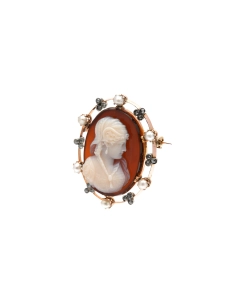 Broche Art Nouveau en or jaune 18 carats sertie d'un camée en agate, de diamants taille "rose" et de perles - - 2