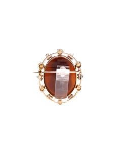 Broche Art Nouveau en or jaune 18 carats sertie d'un camée en agate, de diamants taille "rose" et de perles - - 4