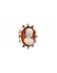 Broche Art Nouveau en or jaune 18 carats sertie d'un camée en agate, de diamants taille "rose" et de perles - - 6