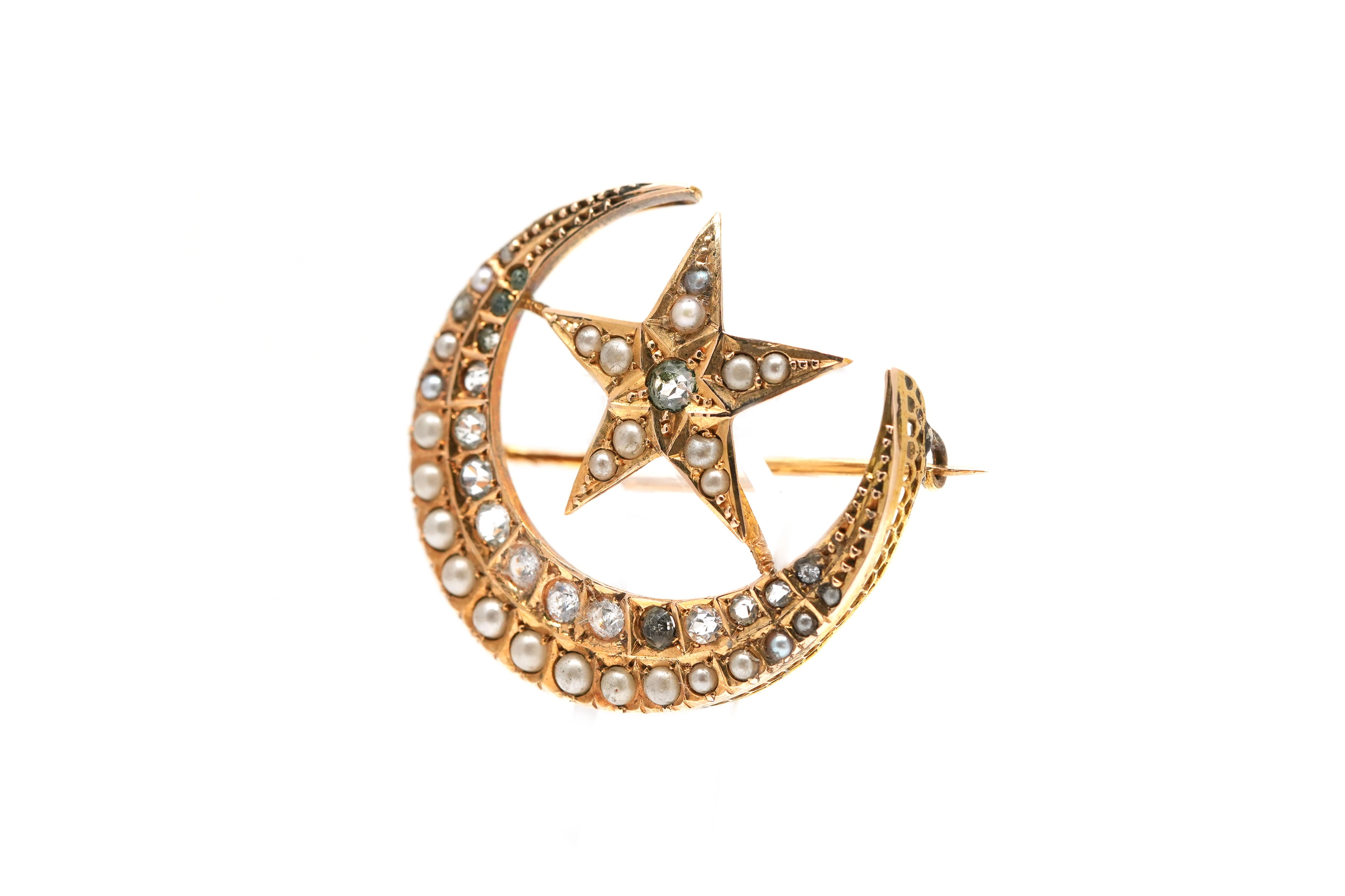 Broche Napoléon III en or jaune 14 carats sertie de perles et de strass - - 2