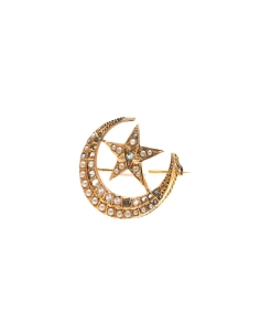 Broche Napoléon III en or jaune 14 carats sertie de perles et de strass - - 2