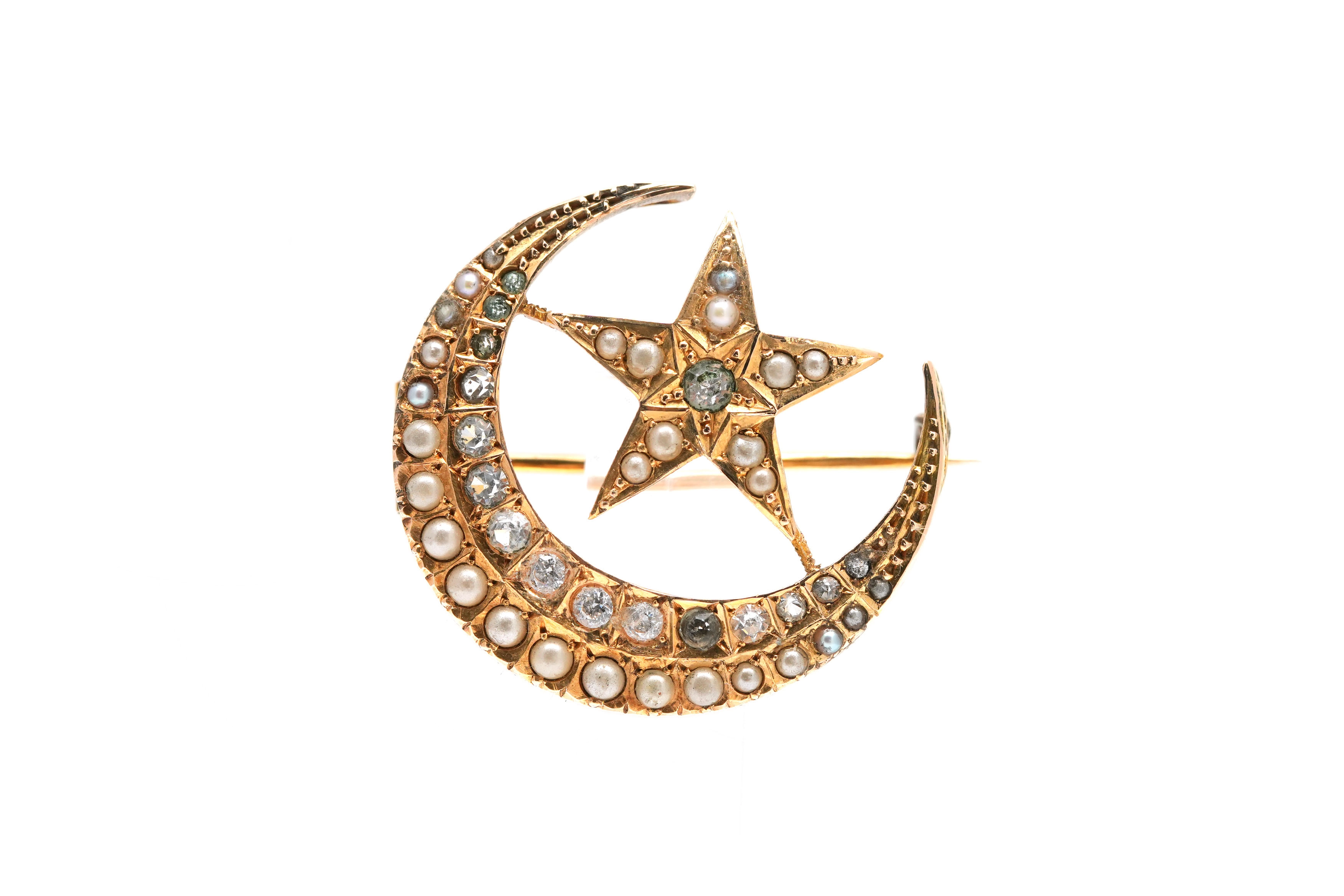 Broche Napoléon III en or jaune 14 carats sertie de perles et de strass - - 1