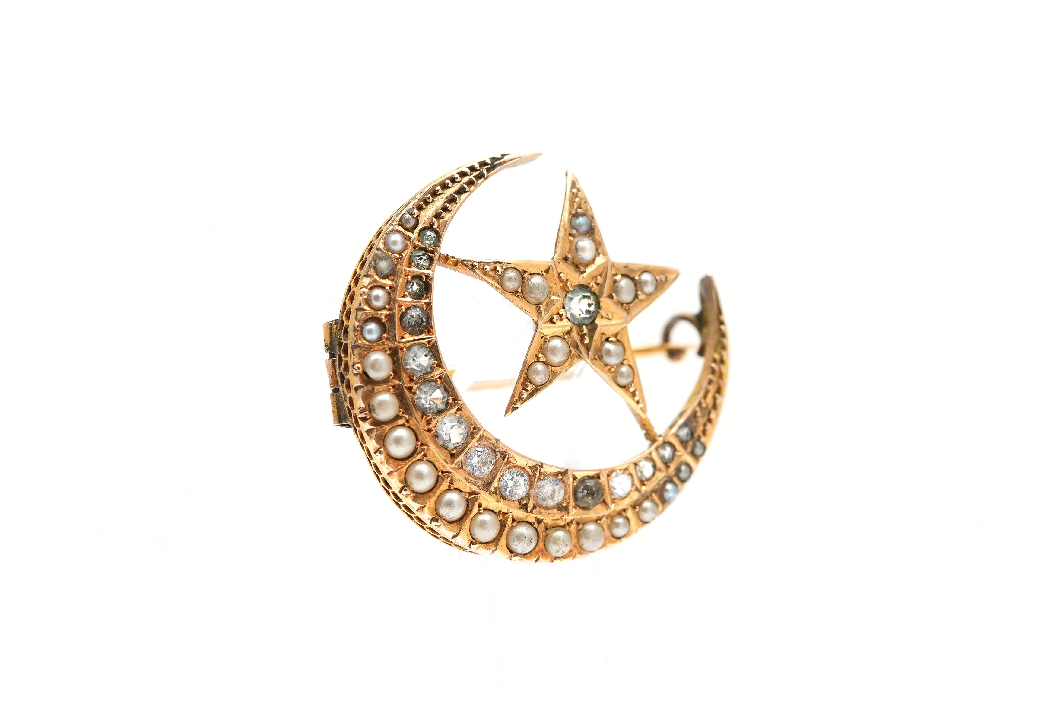 Broche Napoléon III en or jaune 14 carats sertie de perles et de strass - - 6