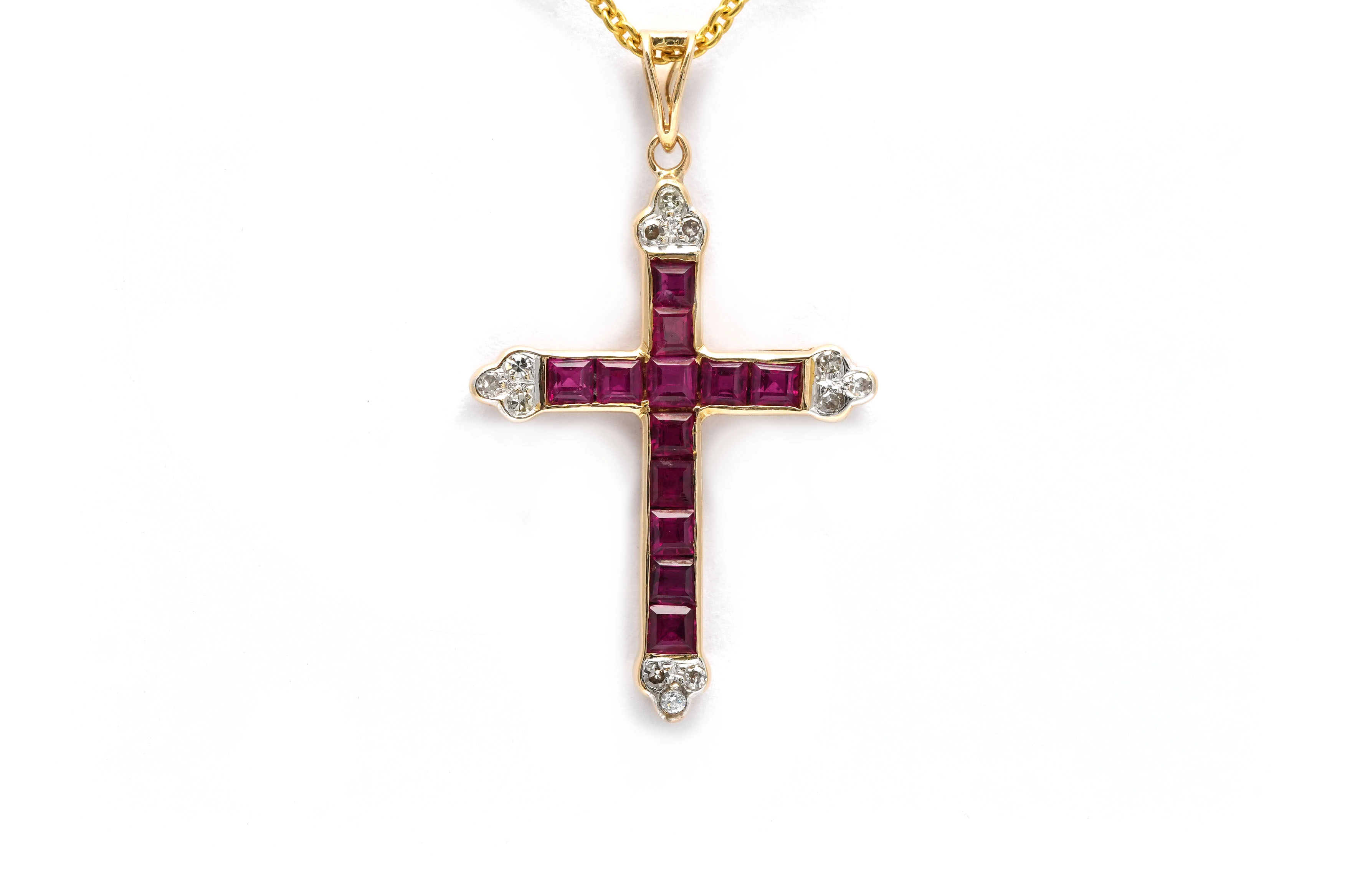 Pendentif contemporain en or jaune 14 carats serti de rubis et de diamants taille "brillant" (+- 0.084 ct) - - 1