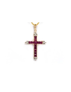 Pendentif contemporain en or jaune 14 carats serti de rubis et de diamants taille "brillant" (+- 0.084 ct) - - 1