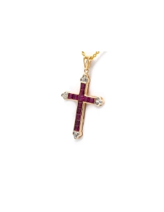 Pendentif contemporain en or jaune 14 carats serti de rubis et de diamants taille "brillant" (+- 0.084 ct) - - 2