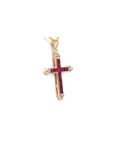 Pendentif contemporain en or jaune 14 carats serti de rubis et de diamants taille "brillant" (+- 0.084 ct) - - 4
