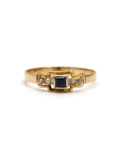 Bague Art Déco en or jaune 18 carats sertie d'un saphir et de perles - - 1