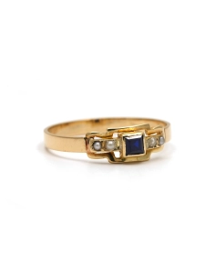 Bague Art Déco en or jaune 18 carats sertie d'un saphir et de perles - - 6