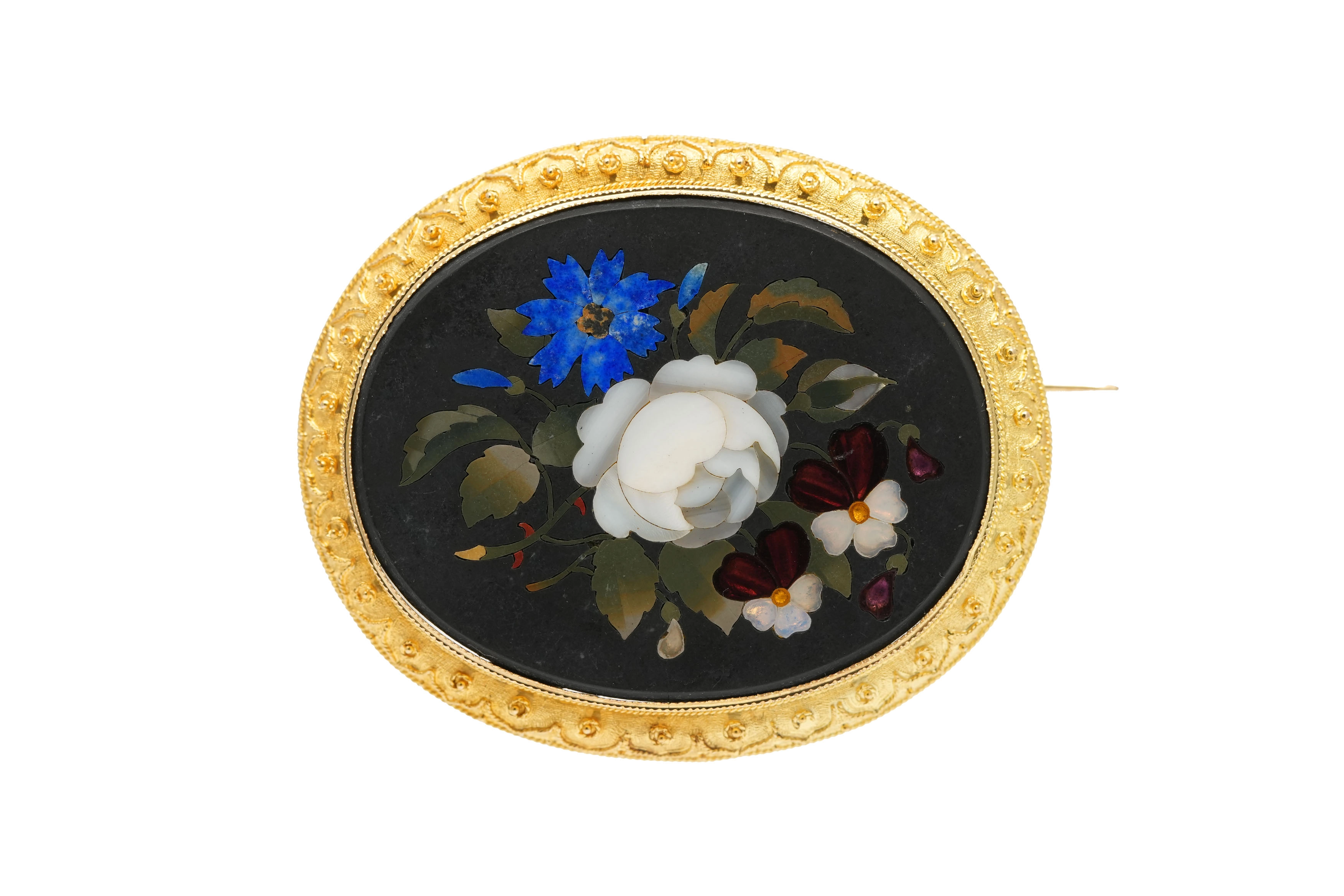 Broche Art Déco en or jaune 18 carats sertie d'une mosaïque en lapis lazuli, nacre, jaspe et opale - - 1